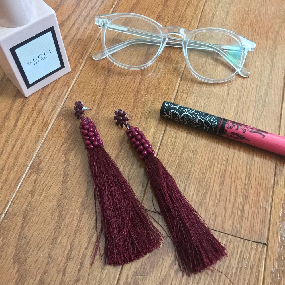 Burgundy beaded + tassel earrings